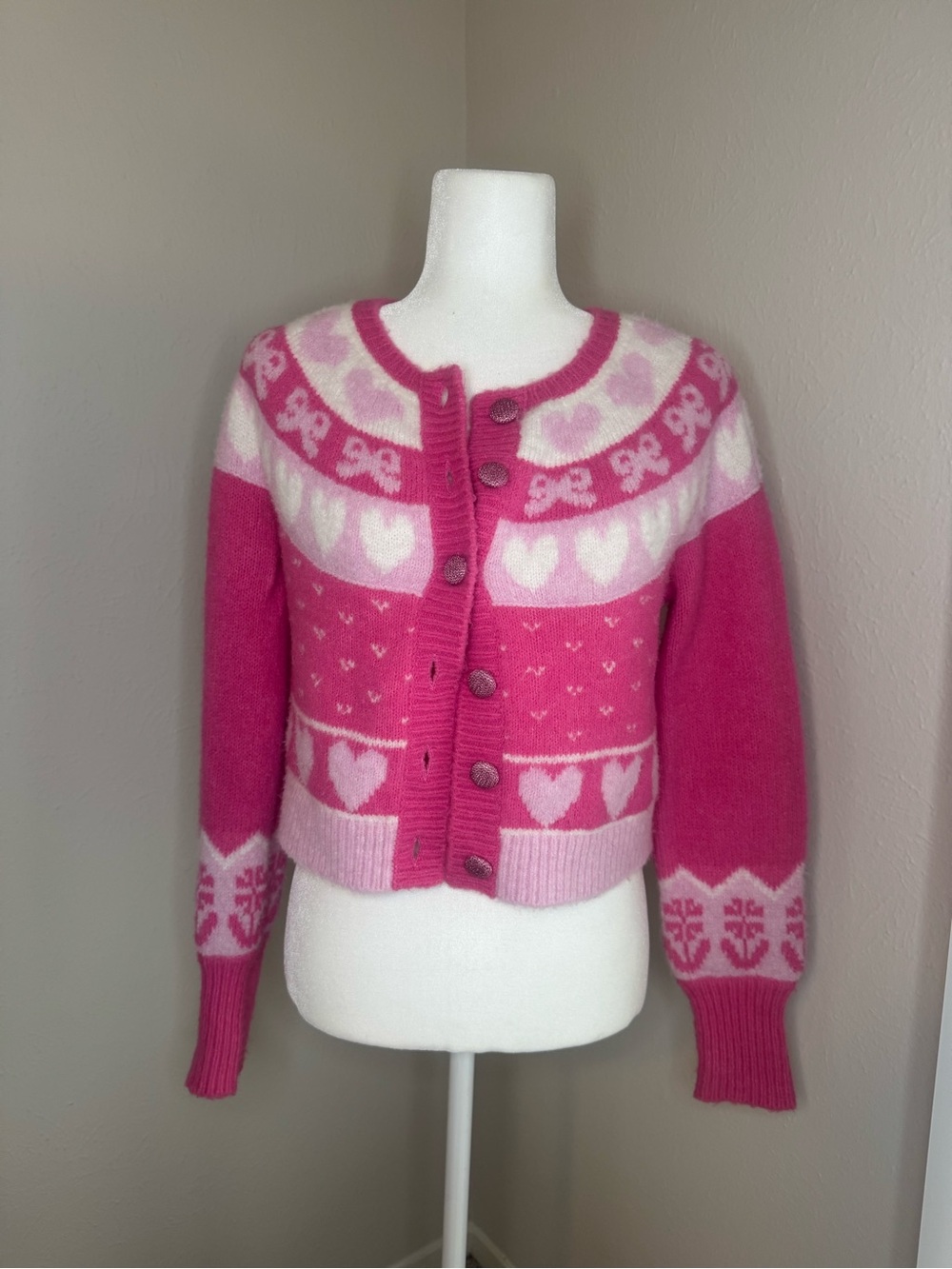 LoveShackFancy Pink Heart & Bow Knit Cardigan